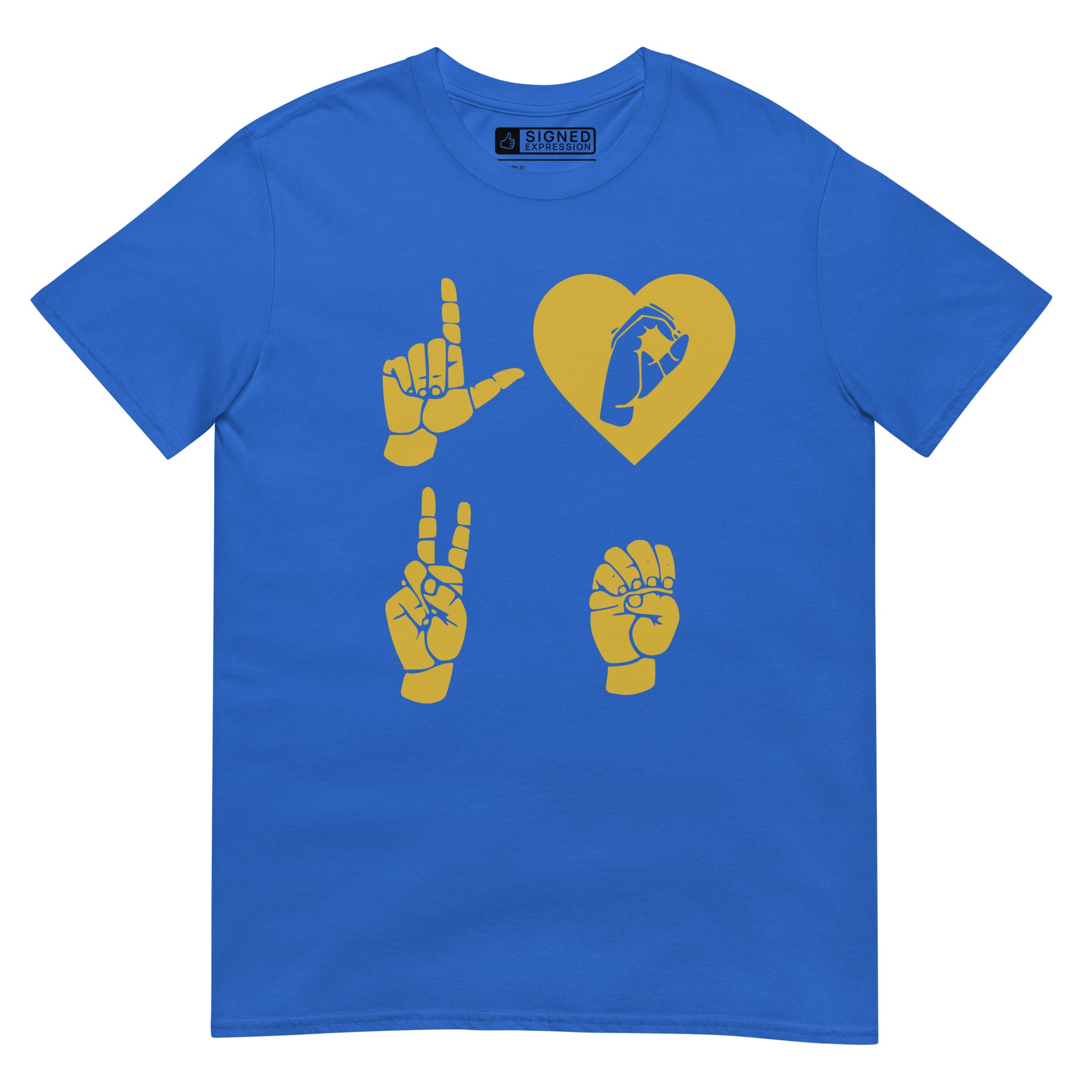 Royal coloured  T-Shirt with the word Love in gold ASL Fingerspelling with the 'O' embedded in a heart shape