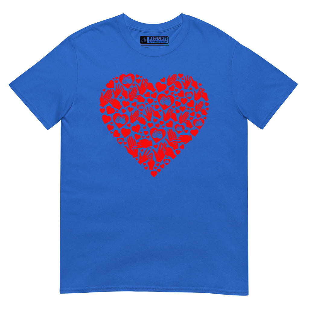 Royal coloured T-Shirt showing a red  coloured heart shaped mosaic formed from smaller love hearts, BSL fingerspelling that spells LOVE, and heart shapes embedded with the BSL sign for love