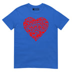 Royal coloured T-Shirt showing a red  coloured heart shaped mosaic formed from smaller love hearts, BSL fingerspelling that spells LOVE, and heart shapes embedded with the BSL sign for love