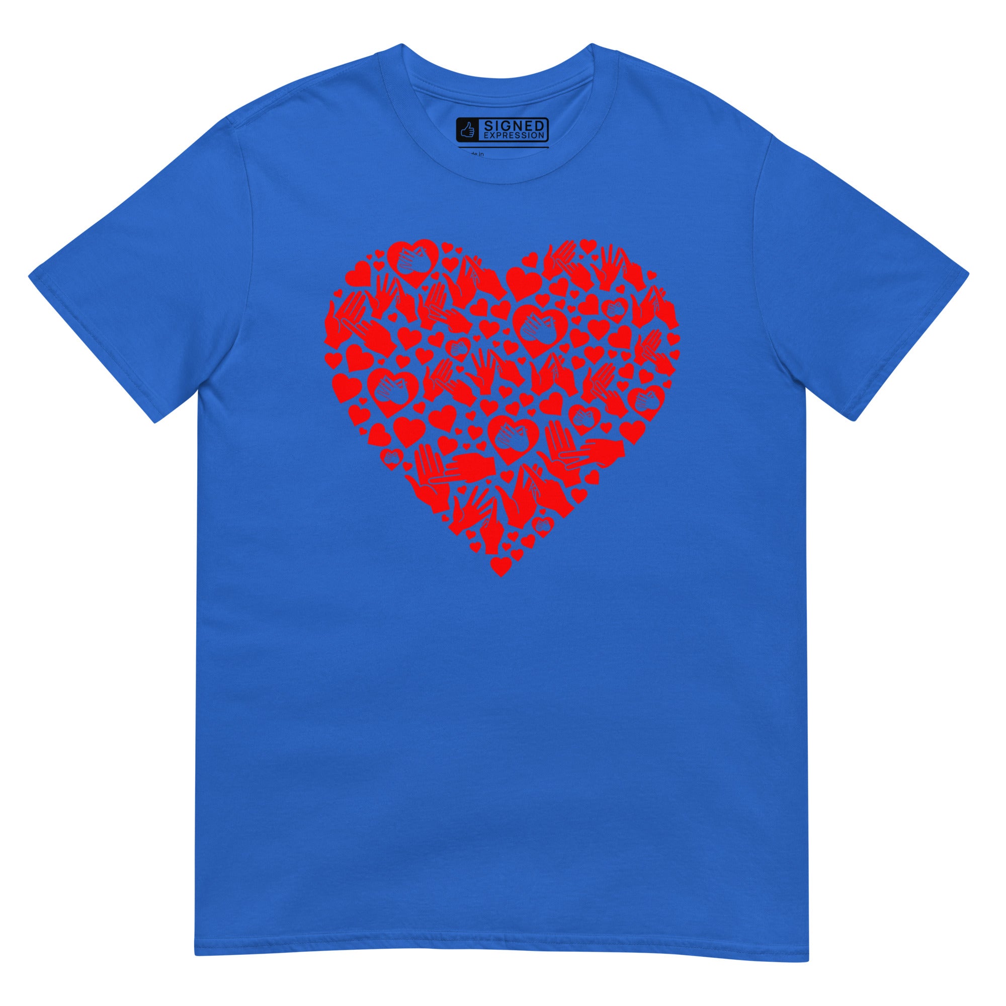 Royal coloured T-Shirt showing a red  coloured heart shaped mosaic formed from smaller love hearts, BSL fingerspelling that spells LOVE, and heart shapes embedded with the BSL sign for love