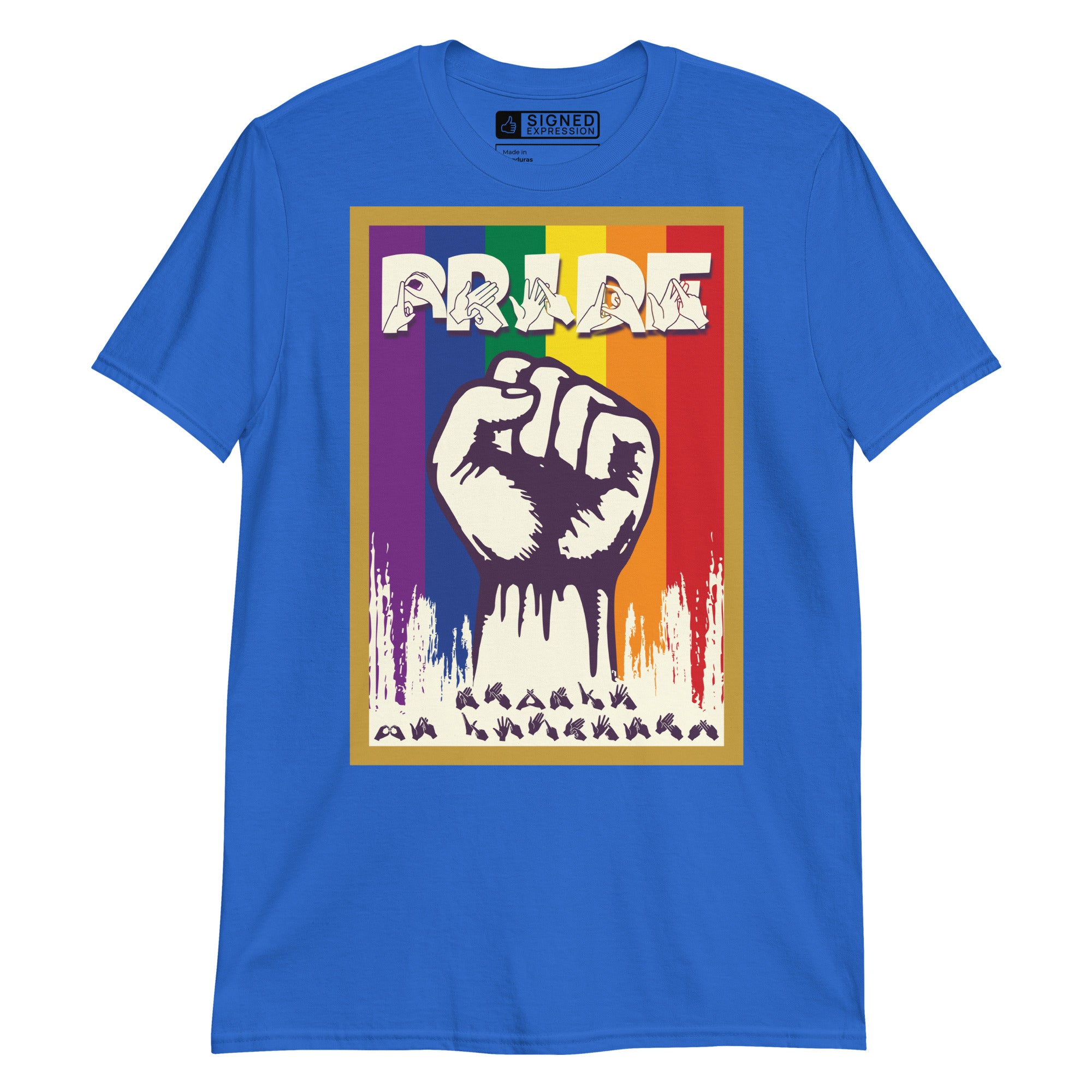 Royal t-shirt with pride solidarity design with BSL fingerspelling font