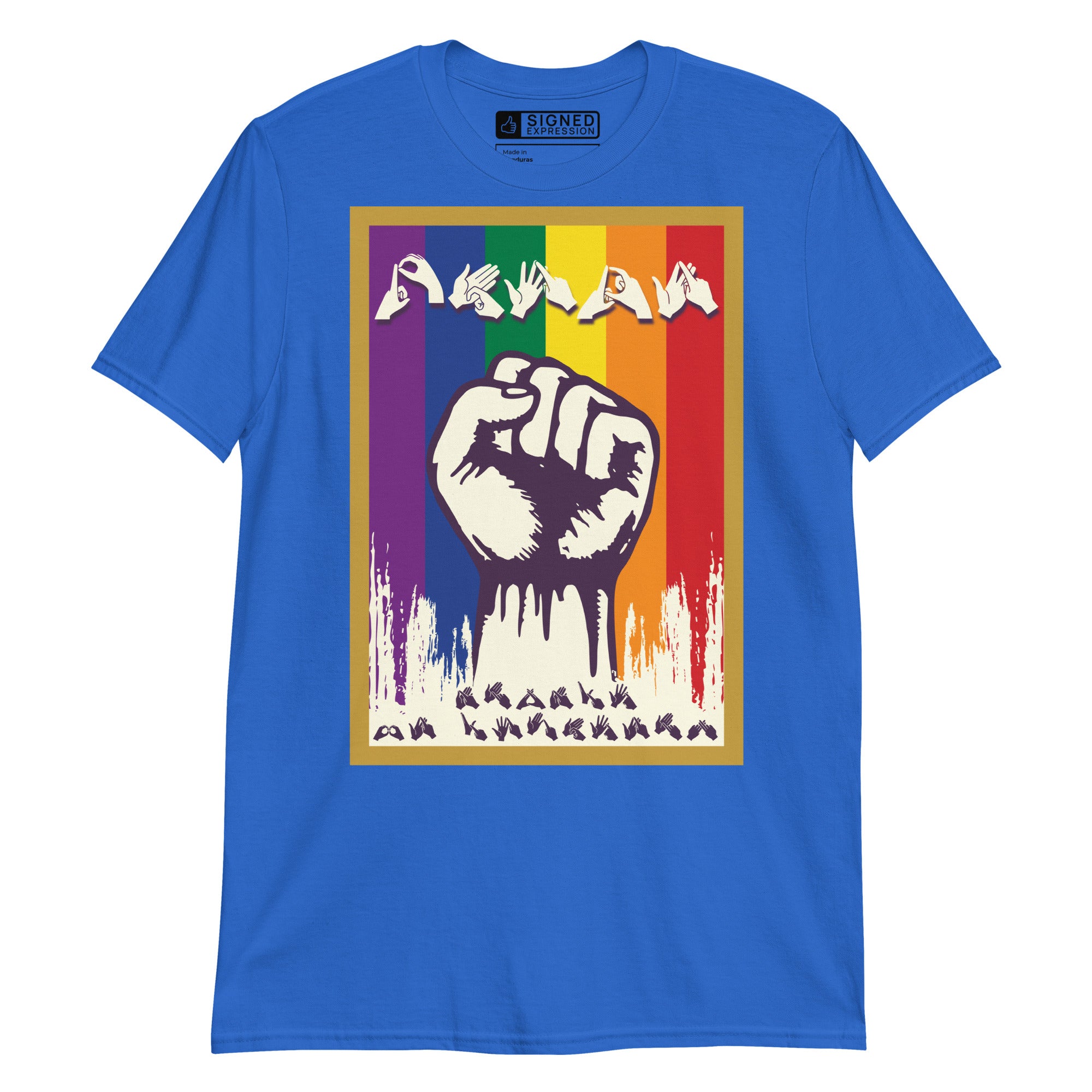 Royal t-shirt with pride solidarity design with BSL fingerspelling