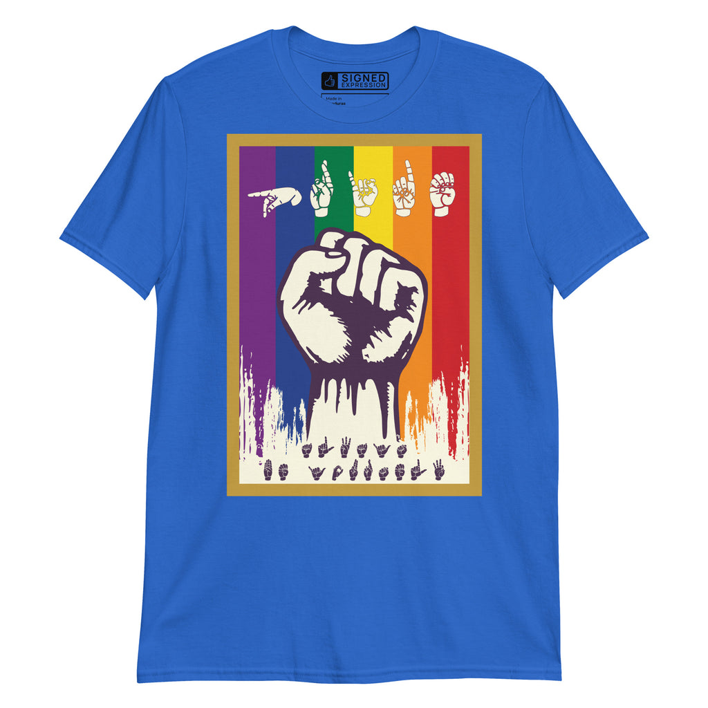 Royal t-shirt with pride solidarity design with ASL fingerspelling