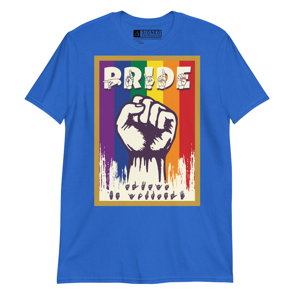 Royal t-shirt with pride solidarity design with ASL fingerspelling font