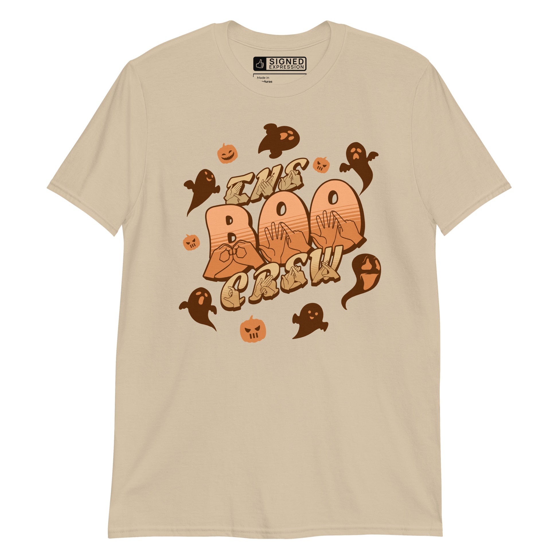 Sand coloured kids Boo Crew Halloween t-shirt with pumpkins, ghosts, and BSL design.