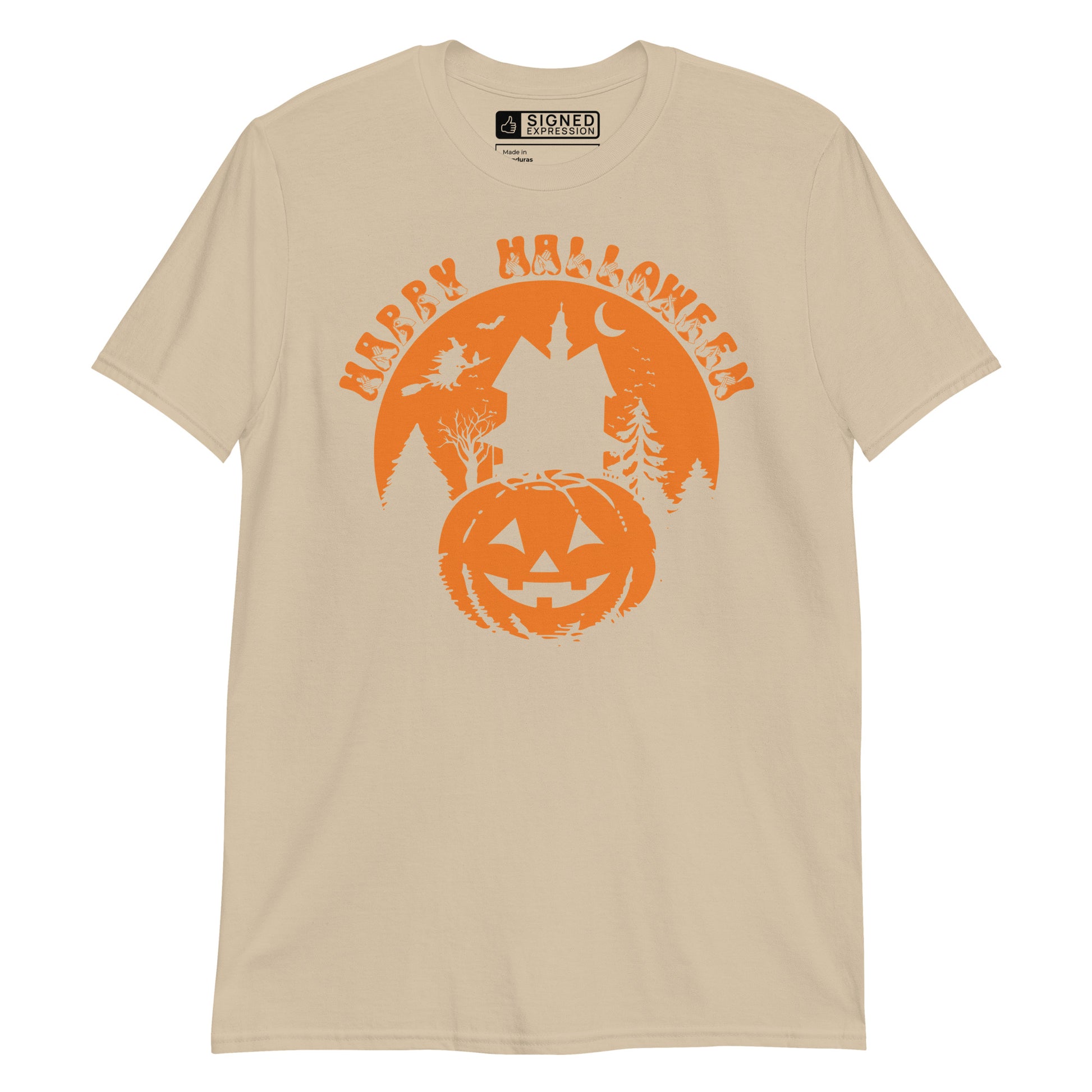 Sand coloured kids Happy Halloween pumpkin haunted house t-shirt with BSL design.