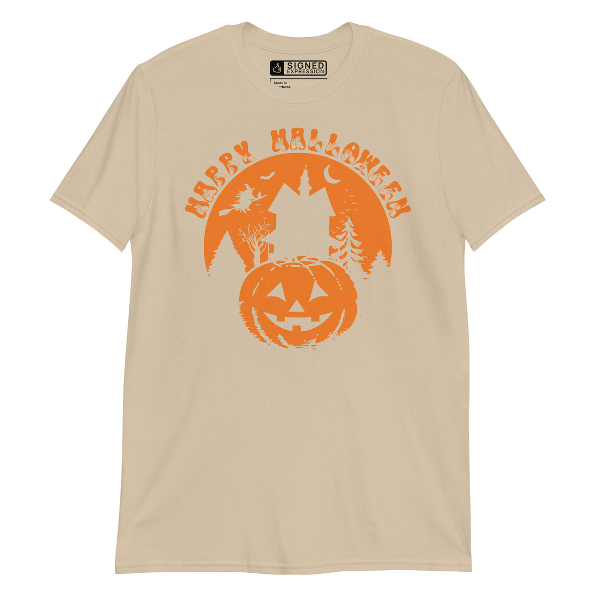 Sand Happy Halloween pumpkin haunted house t-shirt with BSL design.