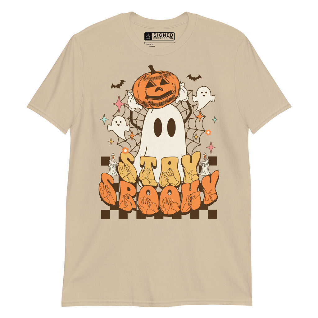 Sand coloured kids Stay Spooky ghost pumpkin Halloween t-shirt with BSL design.