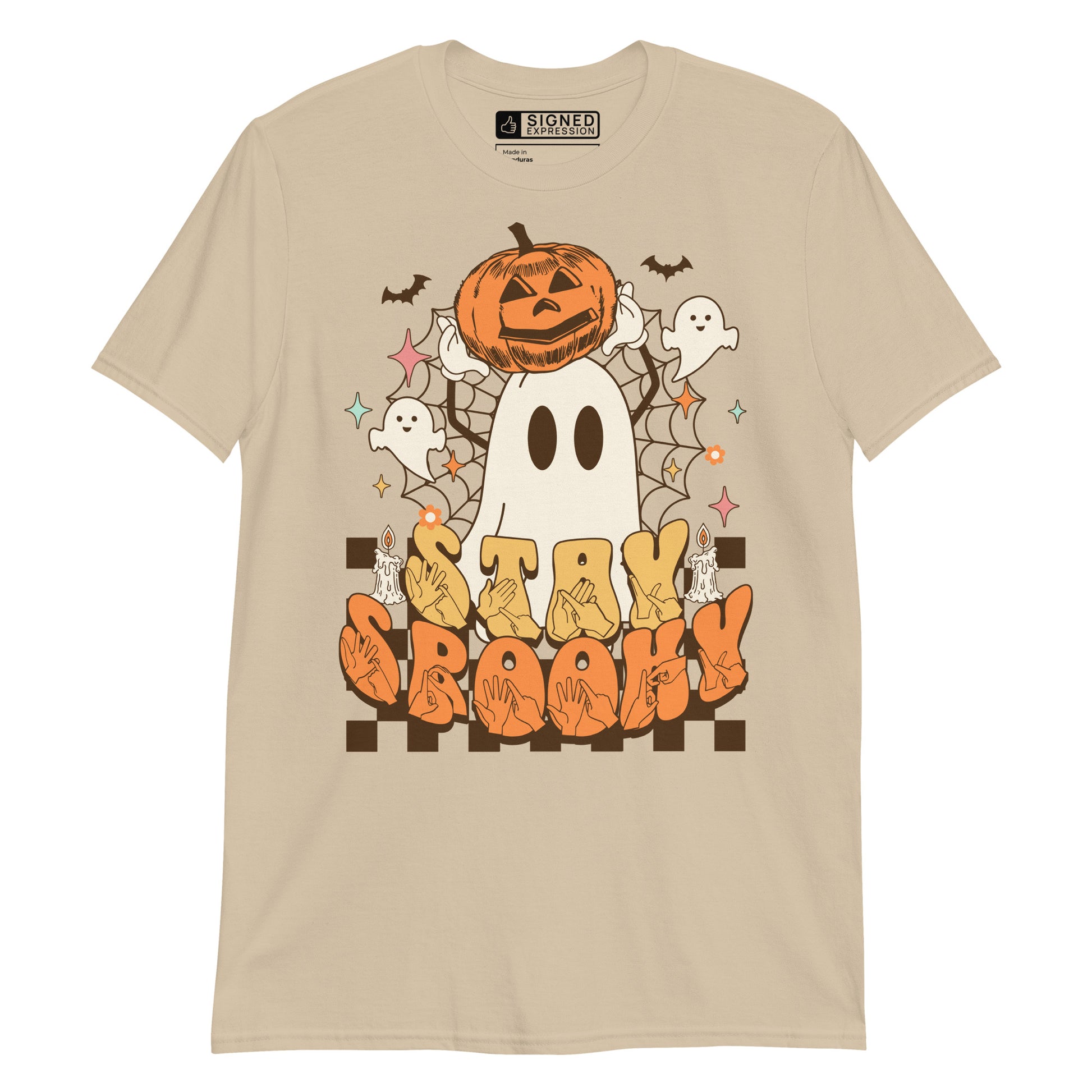 Sand coloured kids Stay Spooky ghost pumpkin Halloween t-shirt with BSL design.