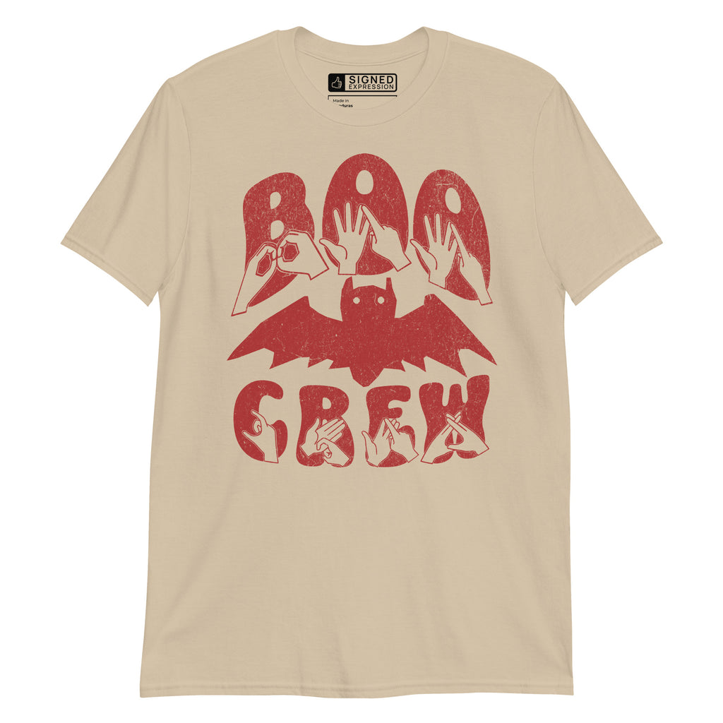 Sand coloured kids Boo Crew bat Halloween t-shirt with BSL design.