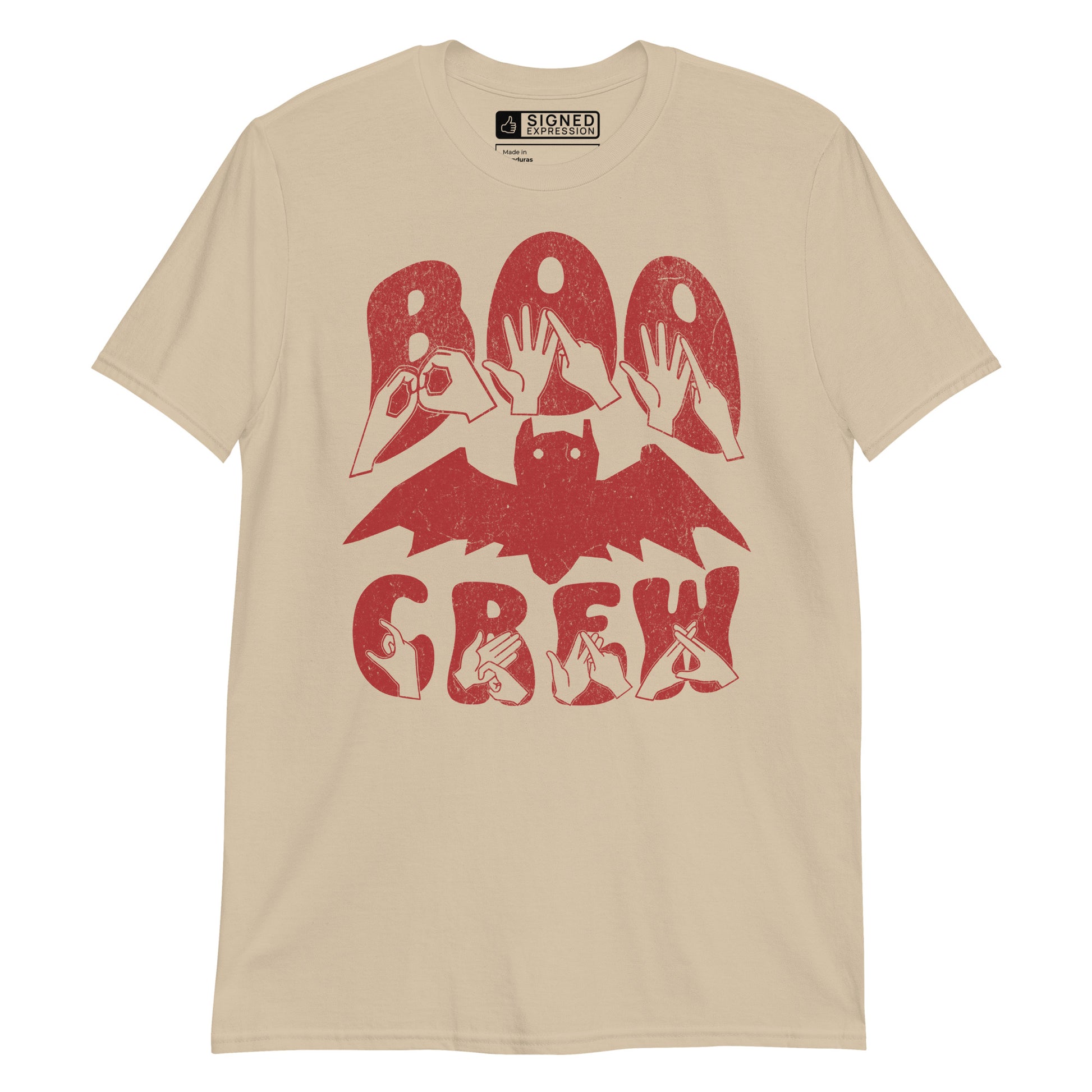 Sand coloured kids Boo Crew bat Halloween t-shirt with BSL design.