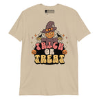 Sand coloured Halloween scarecrow trick or treat t-shirt with BSL design.