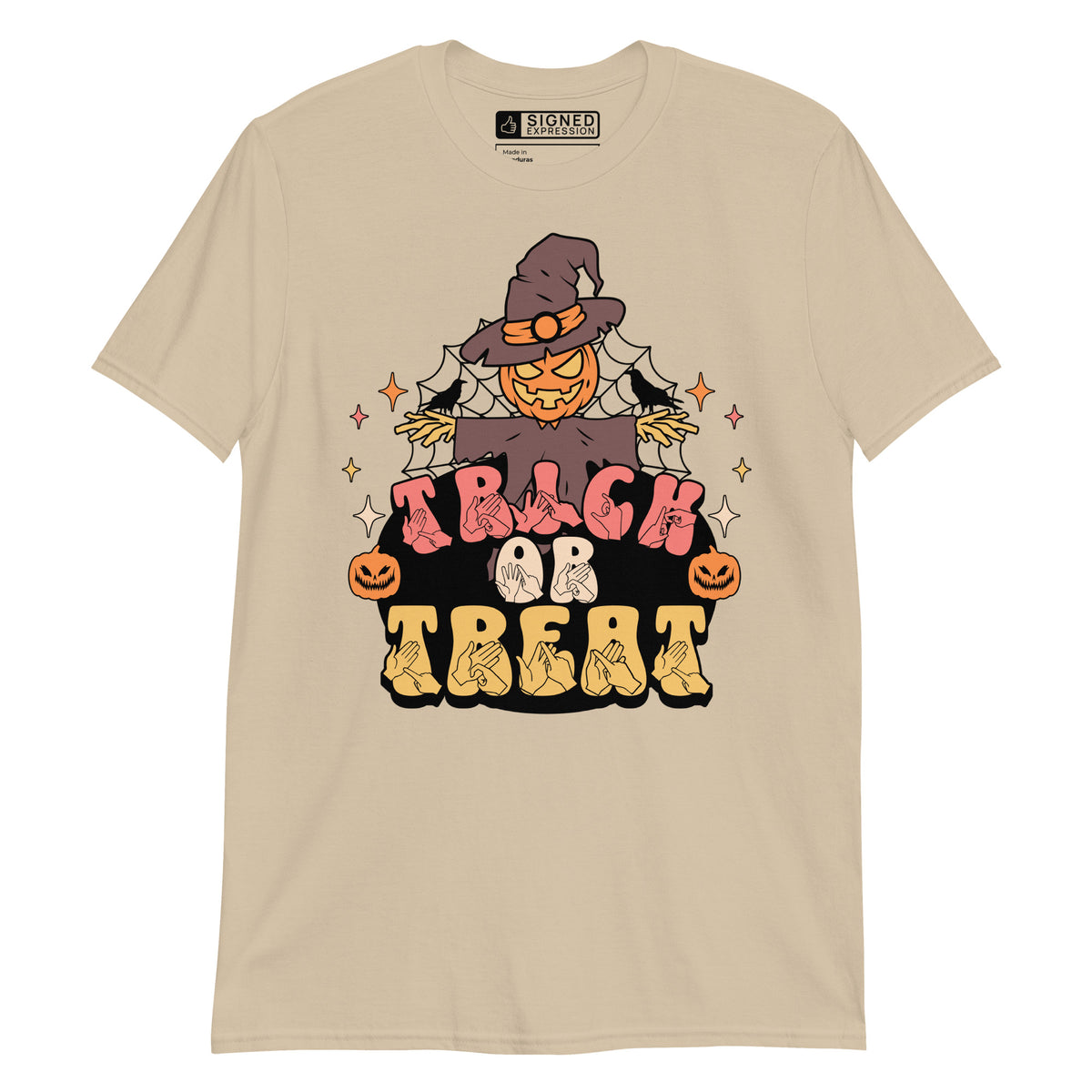Sand coloured Halloween scarecrow trick or treat t-shirt with BSL design.