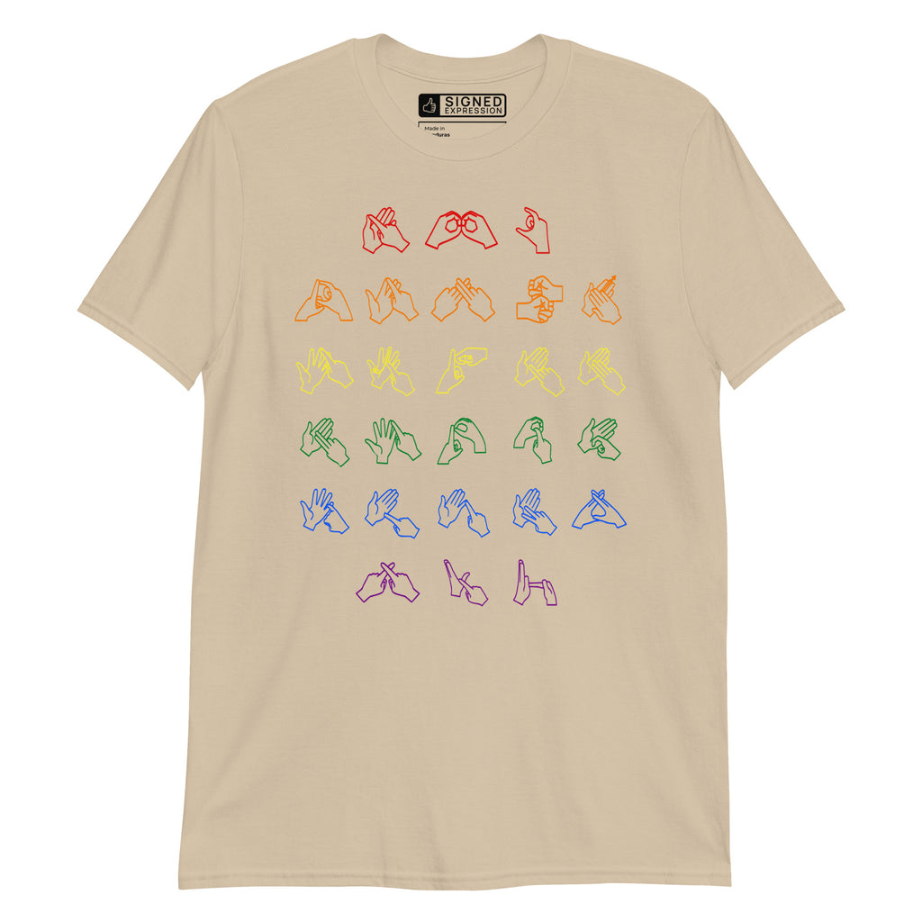 Front view of a sand t-shirt with BSL Alphabet - Pride Fingerspelling