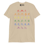 Front view of a sand t-shirt with BSL Alphabet - Pride Fingerspelling