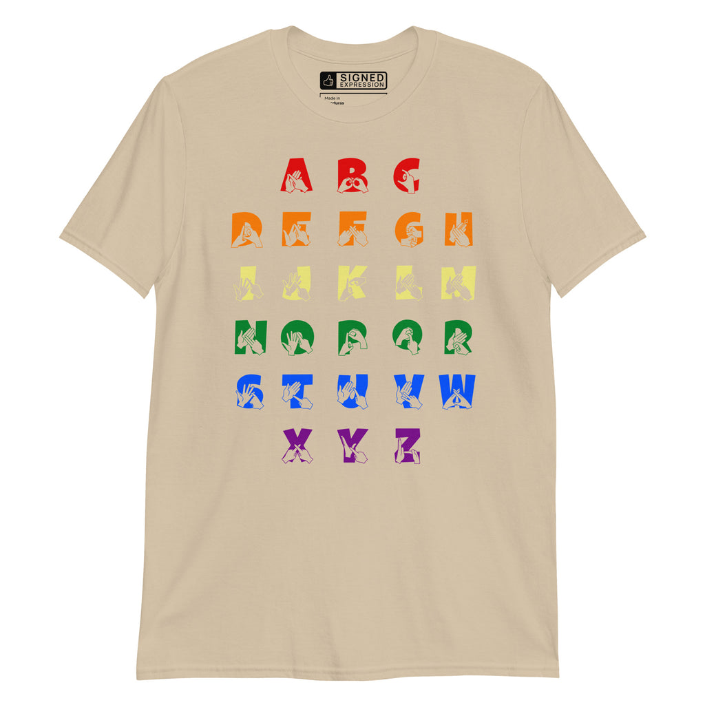 Front view of a sand t-shirt with BSL Alphabet - Pride Fingerspelling & Text