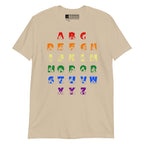 Front view of a sand t-shirt with BSL Alphabet - Pride Fingerspelling & Text