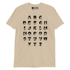 Front view of a sand t-shirt with BSL Alphabet - Black Fingerspelling & Text