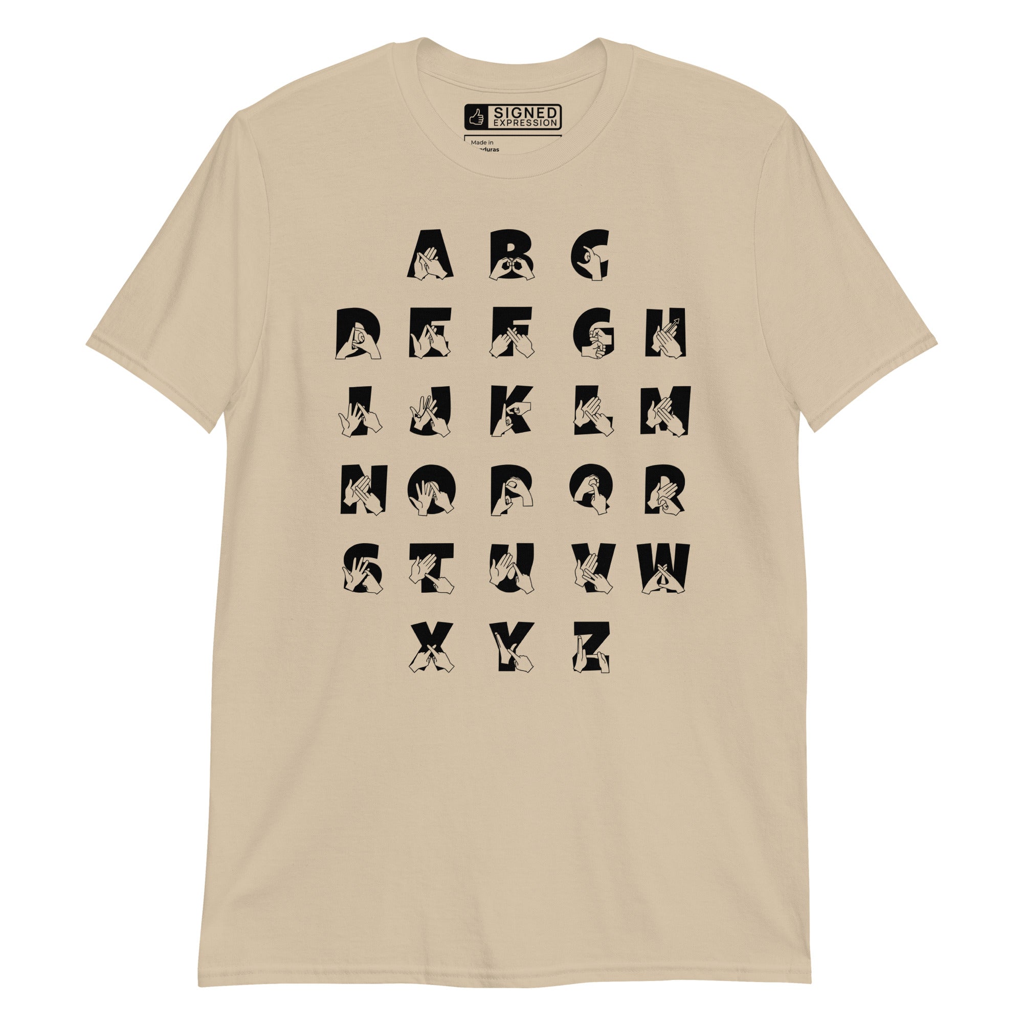 Front view of a sand t-shirt with BSL Alphabet - Black Fingerspelling & Text