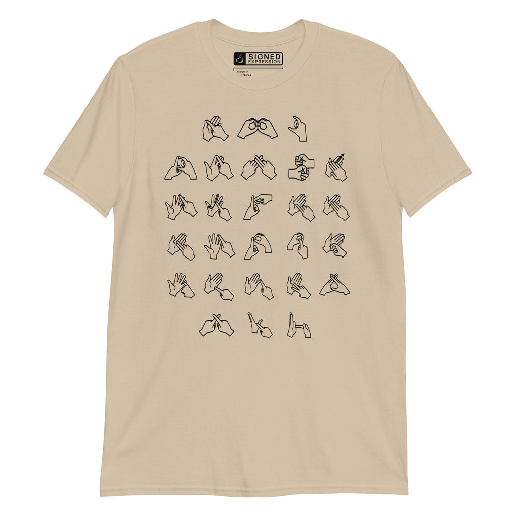 Front view of a sand t-shirt with BSL Alphabet - Black Fingerspelling