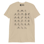 Front view of a sand t-shirt with BSL Alphabet - Black Fingerspelling
