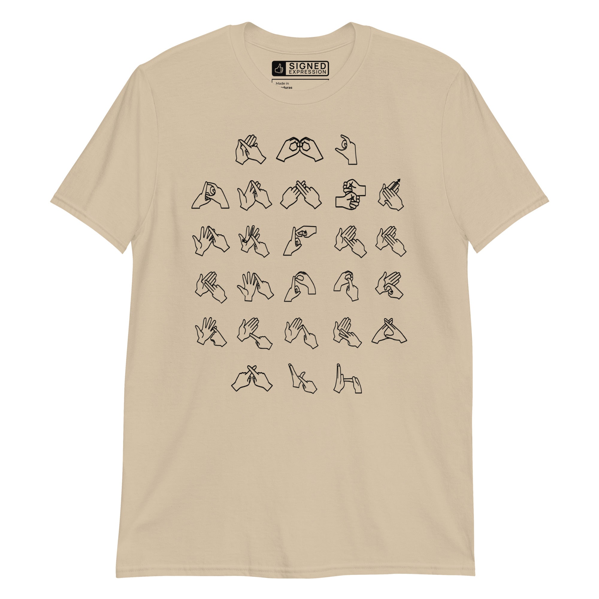 Front view of a sand t-shirt with BSL Alphabet - Black Fingerspelling