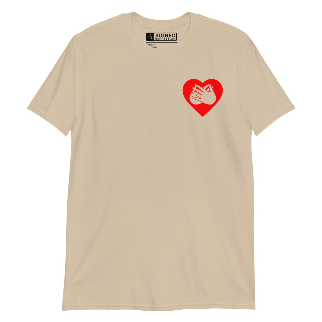 Sand coloured T-Shirt showing a red coloured heart and the iconic BSL Love sign embedded in it on the left side of the chest
