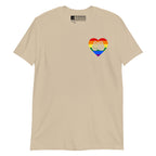 Sand coloured T-Shirt showing a pride coloured heart and the iconic BSL Love sign embedded in it on the left side of the chest