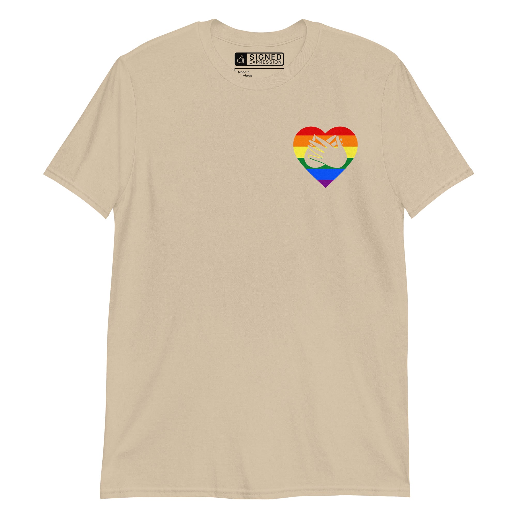 Sand coloured T-Shirt showing a pride coloured heart and the iconic BSL Love sign embedded in it on the left side of the chest