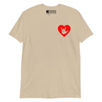 Sand coloured T-Shirt showing a red coloured heart and the iconic ASL I Love You sign embedded in it on the left side of the chest