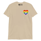 Sand coloured T-Shirt showing a pride coloured heart and the iconic ASL I Love You sign embedded in it on the left side of the chest