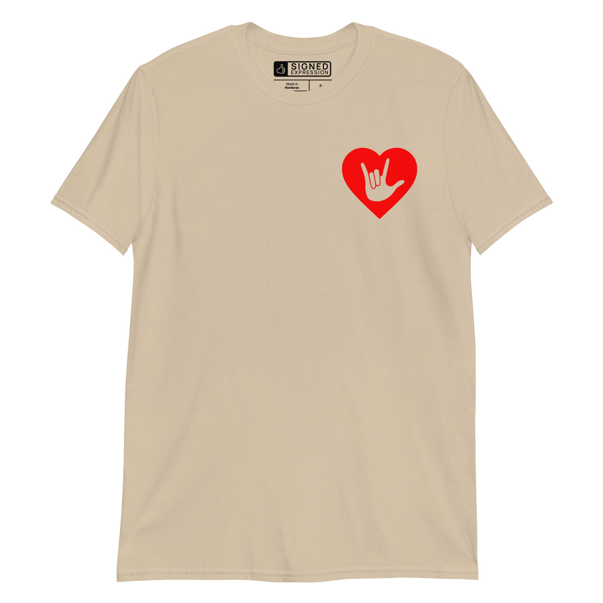 Sand colored T-Shirt showing a red coloured heart and the iconic ASL I Love You sign embedded in it on the left side of the chest