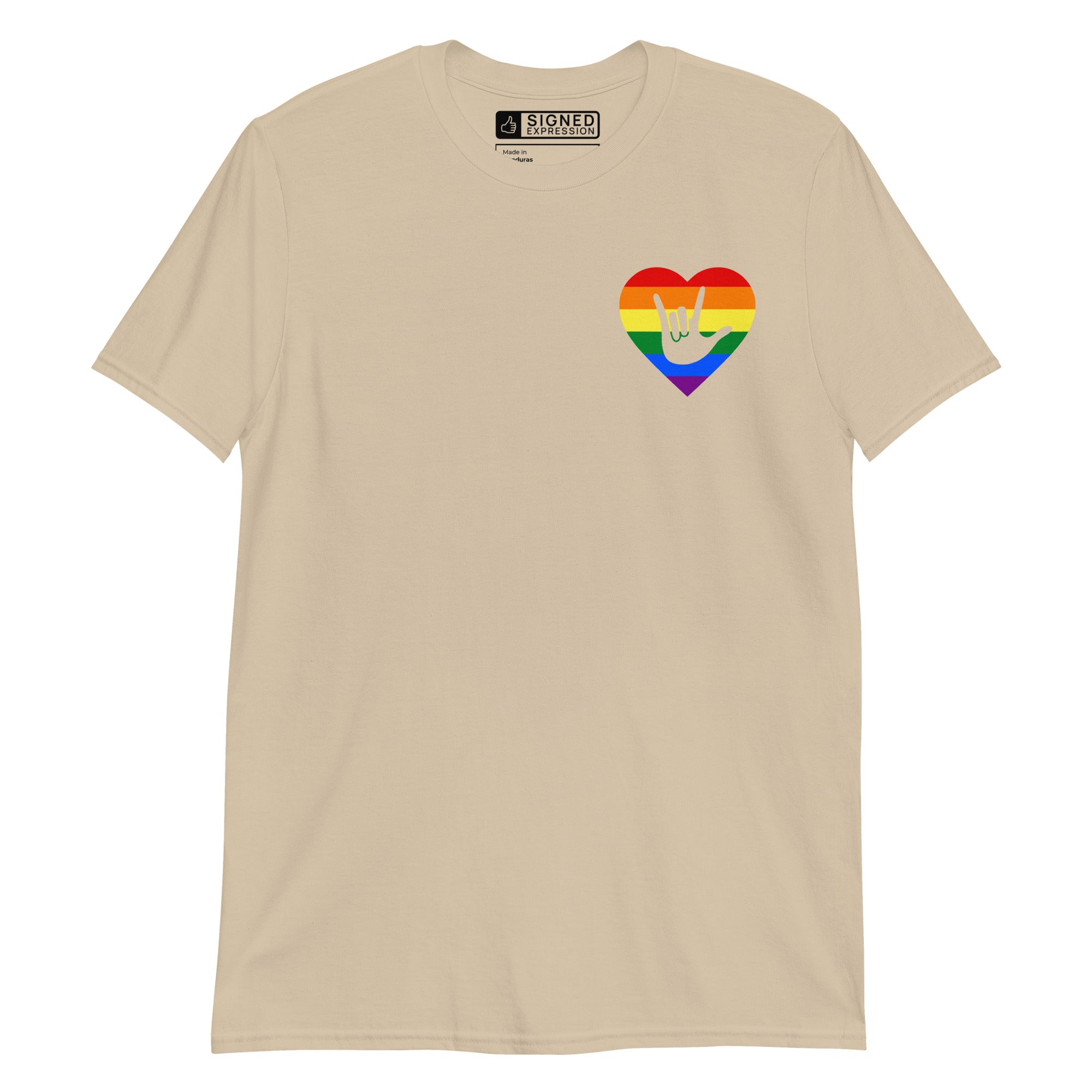 Sand colored T-Shirt showing a pride coloured heart and the iconic ASL I Love You sign embedded in it on the left side of the chest