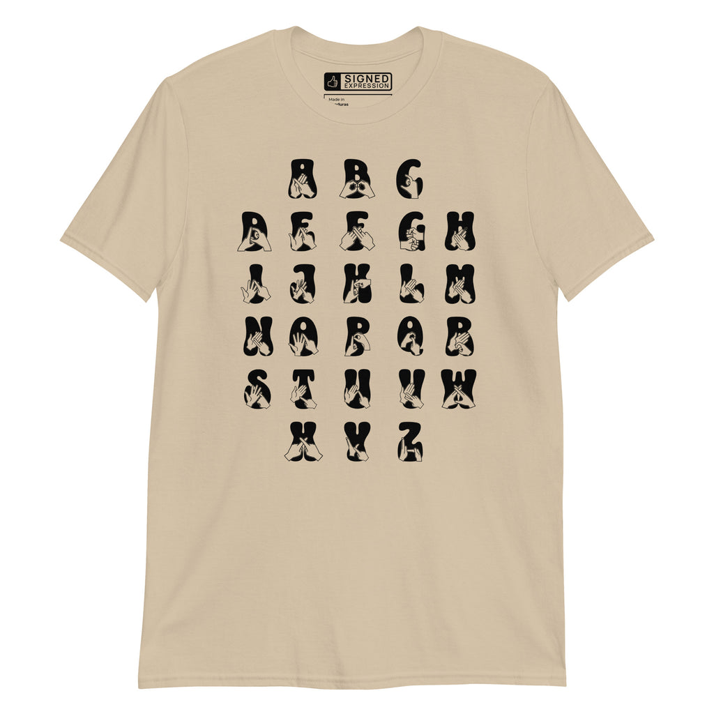 Front view of a sand t-shirt with BSL Alphabet - Black Fingerspelling & Text