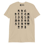 Front view of a sand t-shirt with BSL Alphabet - Black Fingerspelling & Text
