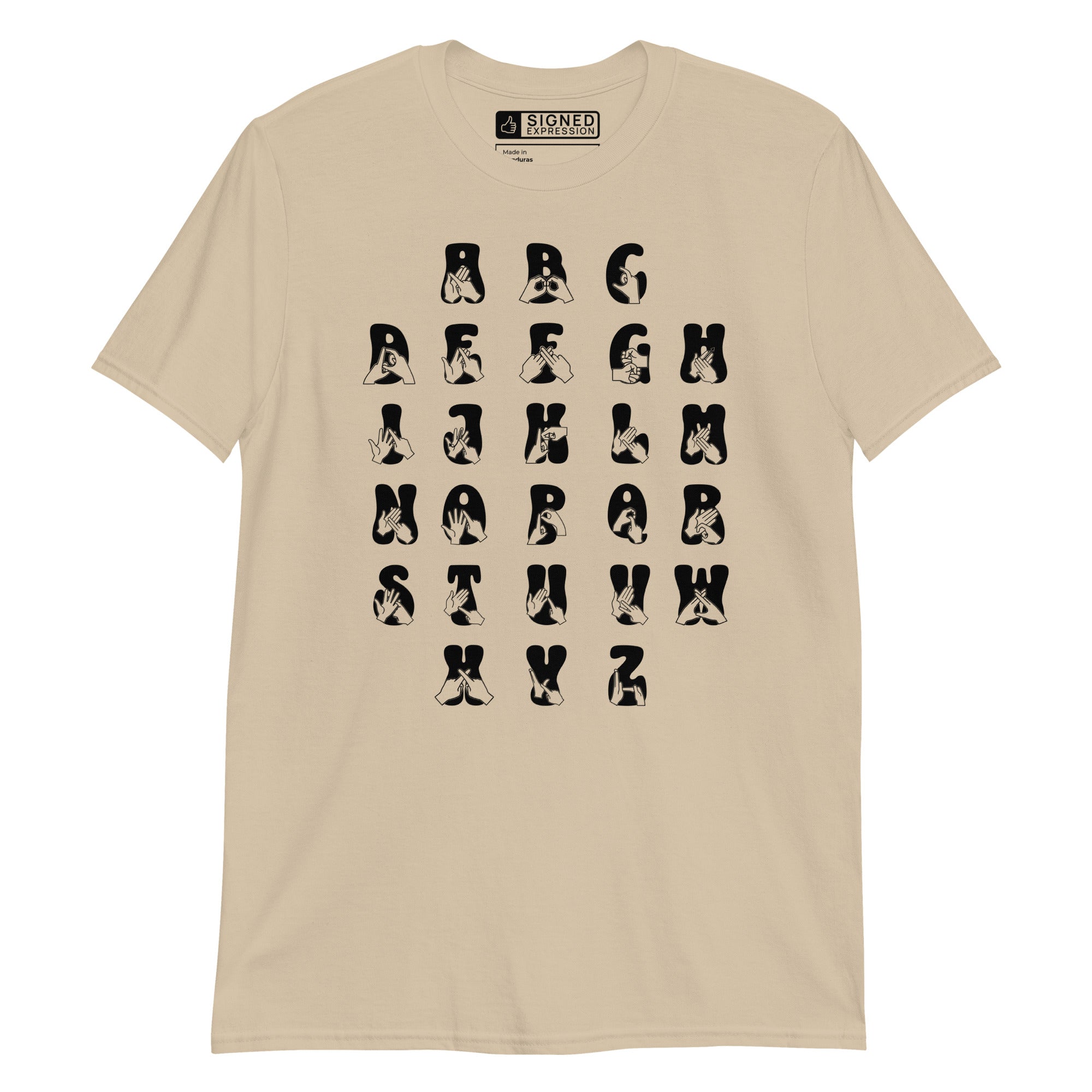 Front view of a sand t-shirt with BSL Alphabet - Black Fingerspelling & Text