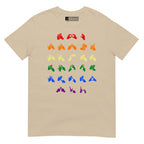 Front view of a sand t-shirt with BSL Alphabet - Pride Fingerspelling