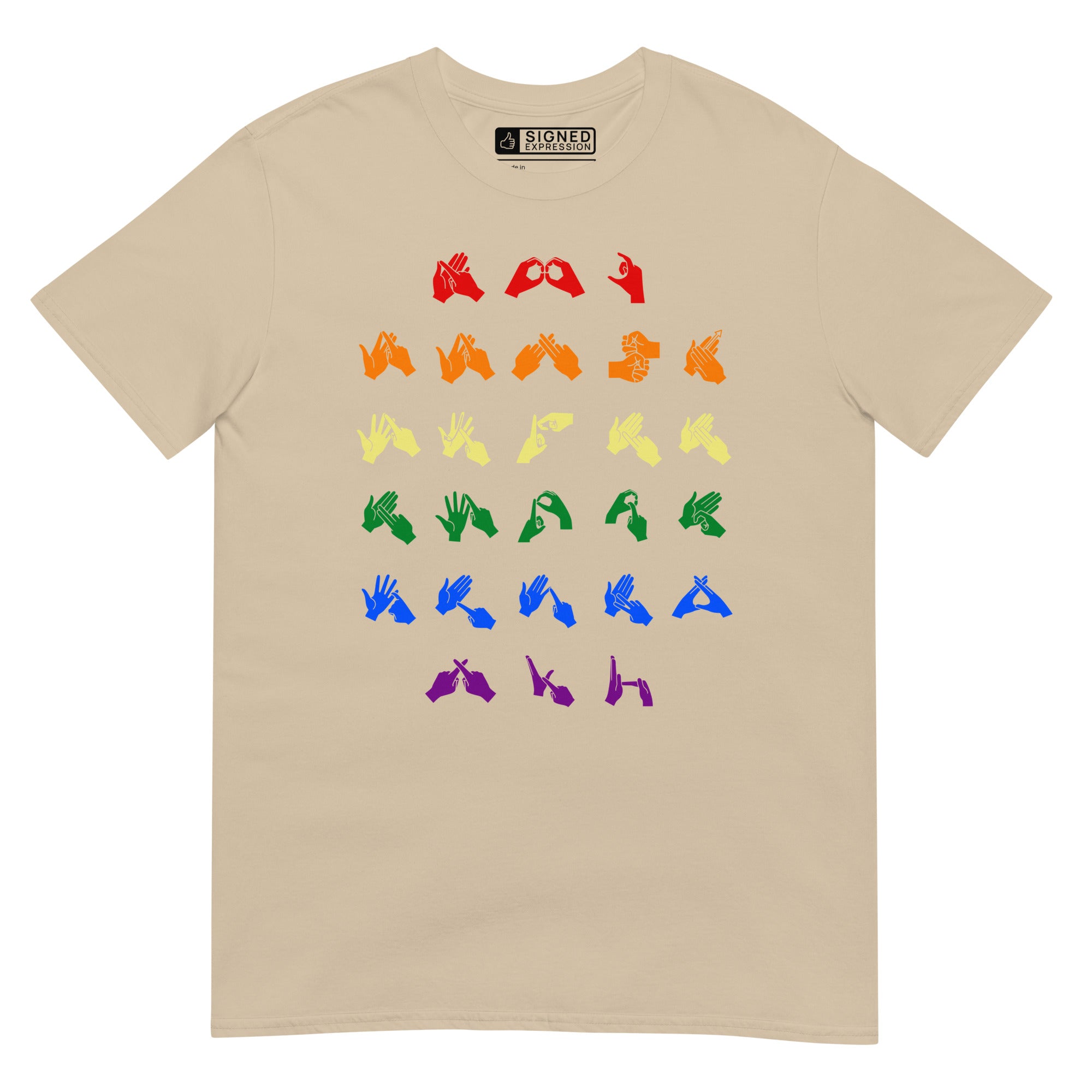 Front view of a sand t-shirt with BSL Alphabet - Pride Fingerspelling