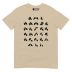 Front view of a sand t-shirt with BSL Alphabet - Black Fingerspelling