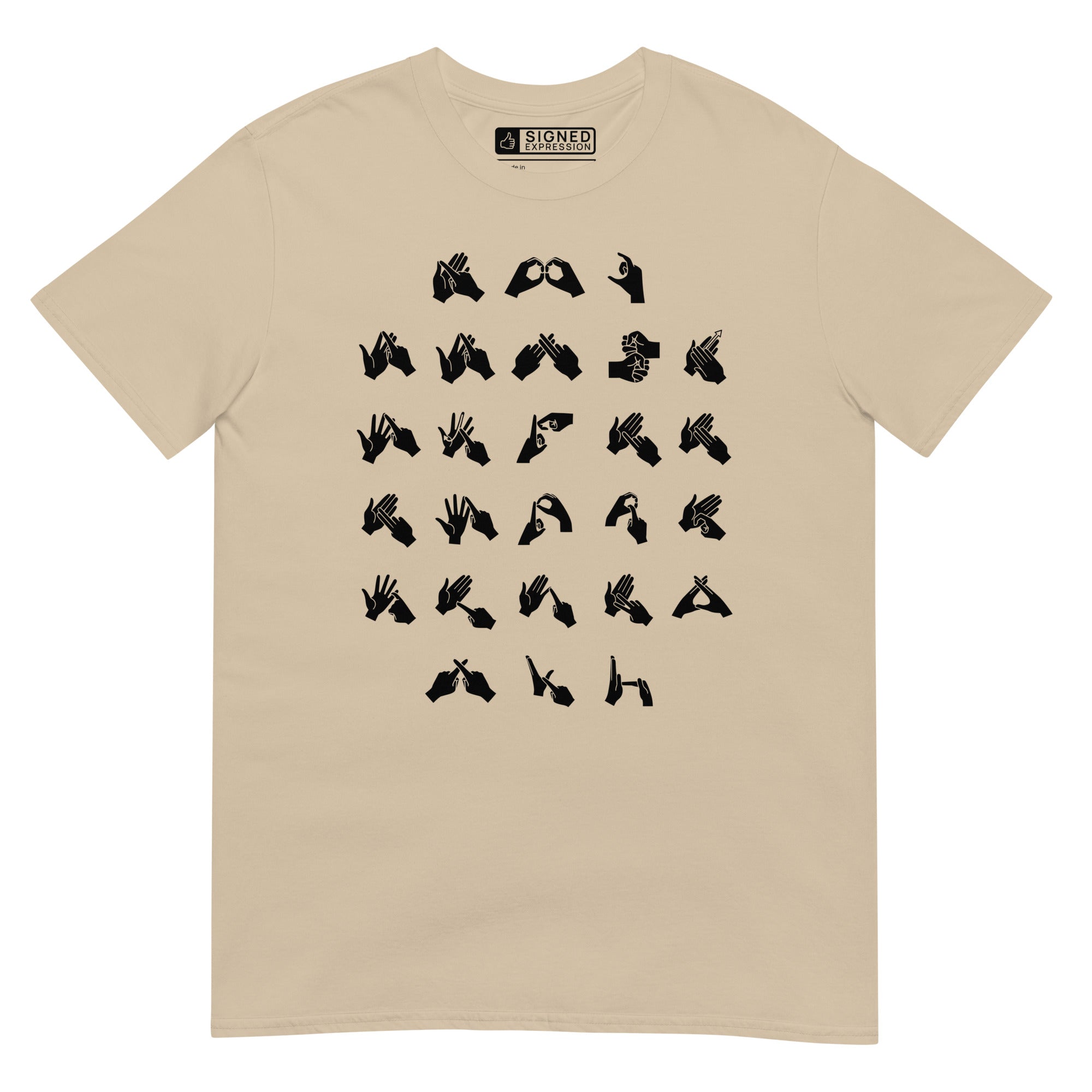 Front view of a sand t-shirt with BSL Alphabet - Black Fingerspelling