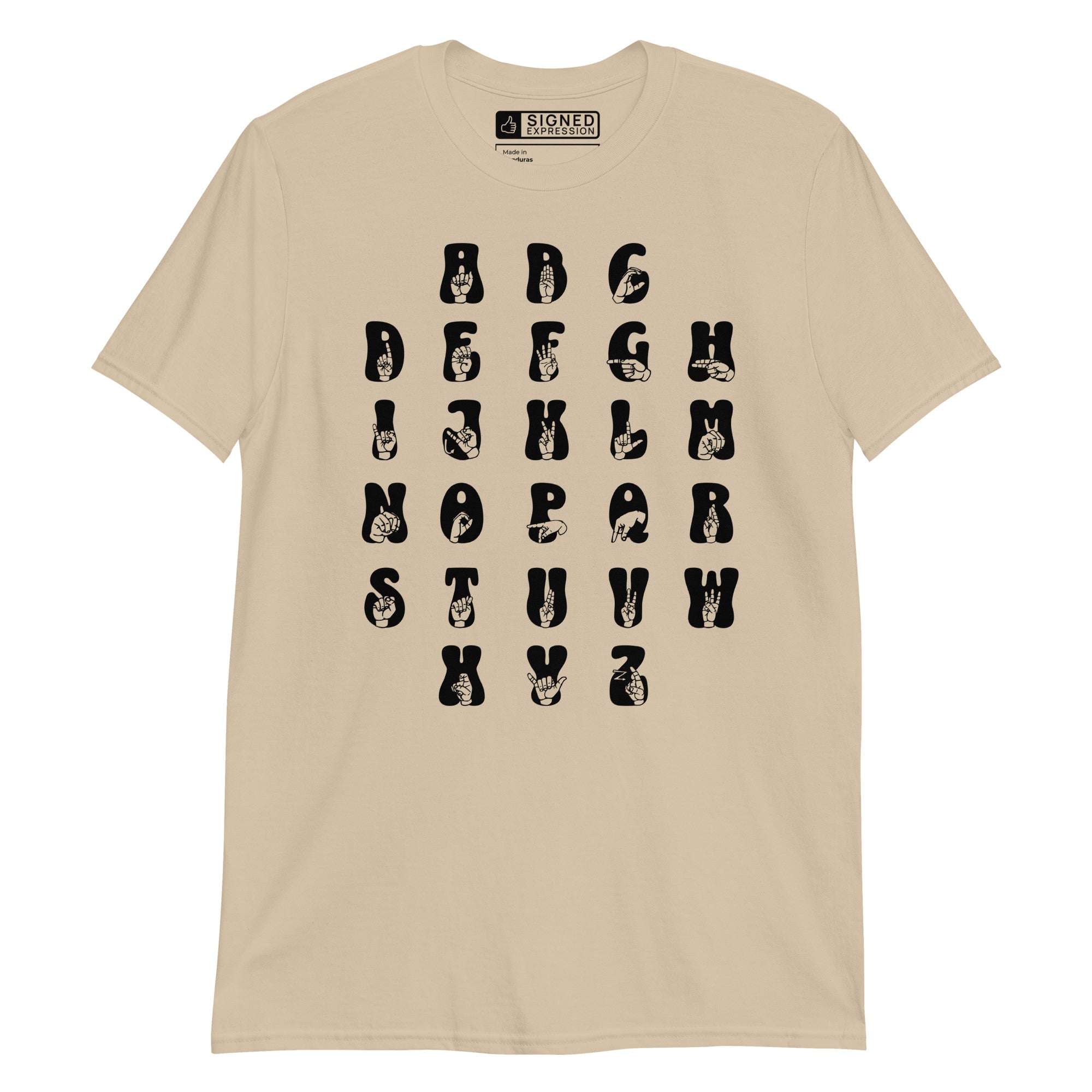 Front view of a sand t-shirt with ASL Alphabet - Black Fingerspelling & Text