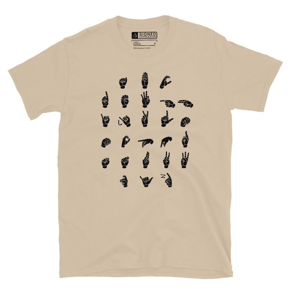 Front view of a sand t-shirt with ASL Alphabet - Black Fingerspelling