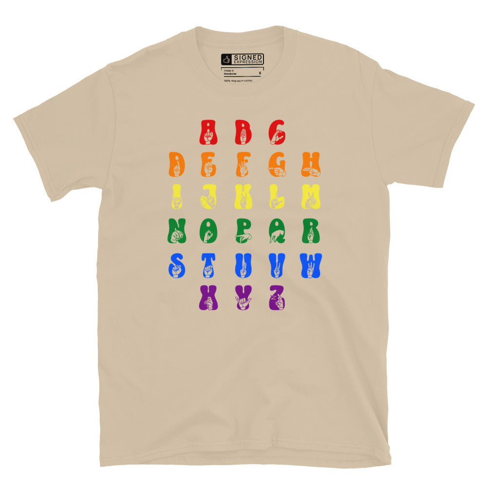 Front view of a sand t-shirt with ASL Alphabet - Pride Fingerspelling & Text