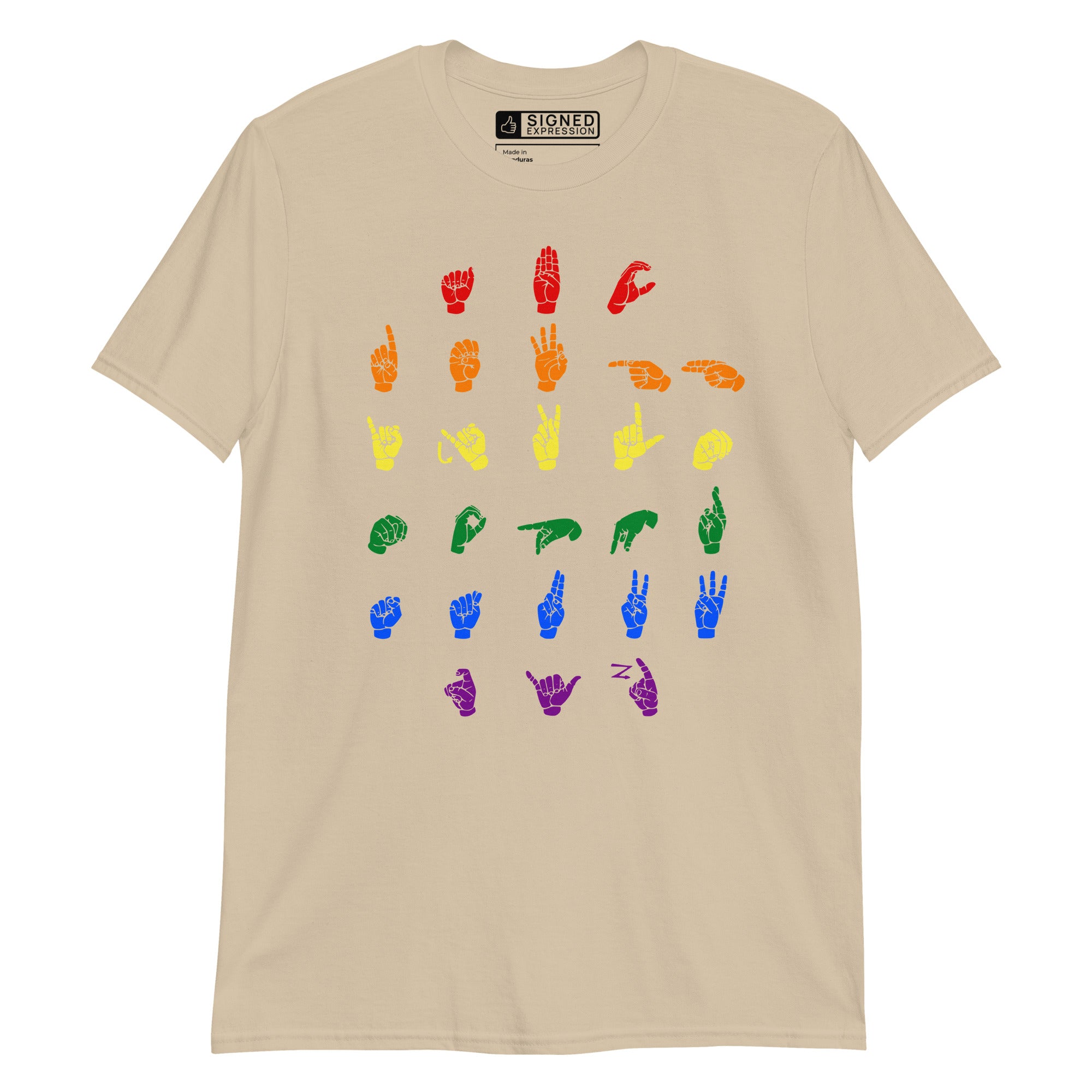 Front view of a sand t-shirt with ASL Alphabet - Pride Fingerspelling