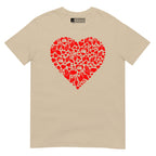 Sand coloured T-Shirt showing a red  coloured heart shaped mosaic formed from smaller love hearts, BSL fingerspelling that spells LOVE, and heart shapes embedded with the BSL sign for love