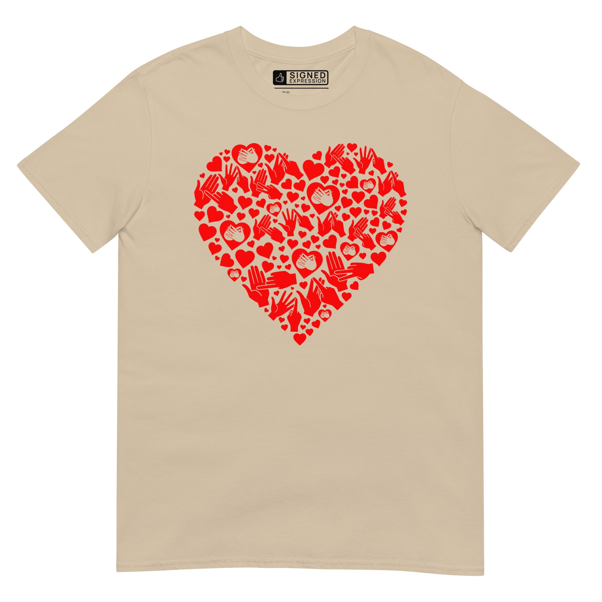 Sand coloured T-Shirt showing a red  coloured heart shaped mosaic formed from smaller love hearts, BSL fingerspelling that spells LOVE, and heart shapes embedded with the BSL sign for love