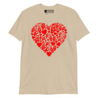 Sand coloured T-Shirt showing a red  coloured heart shaped mosaic formed from smaller love hearts, ASL fingerspelling that spells LOVE, and the ASL sign for I love you