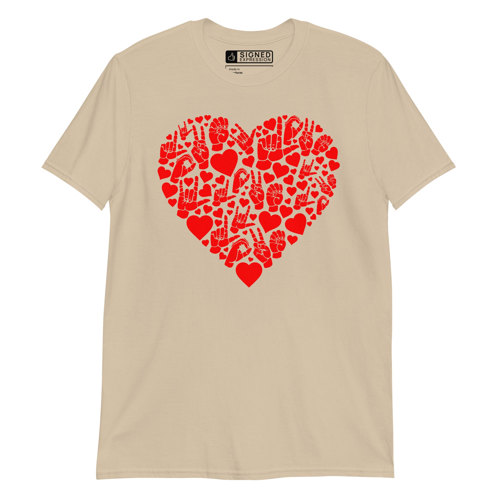 Sand coloured T-Shirt showing a red  coloured heart shaped mosaic formed from smaller love hearts, ASL fingerspelling that spells LOVE, and the ASL sign for I love you