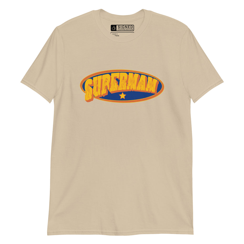 Sand coloured T-Shirt showing a Supermam BSL design