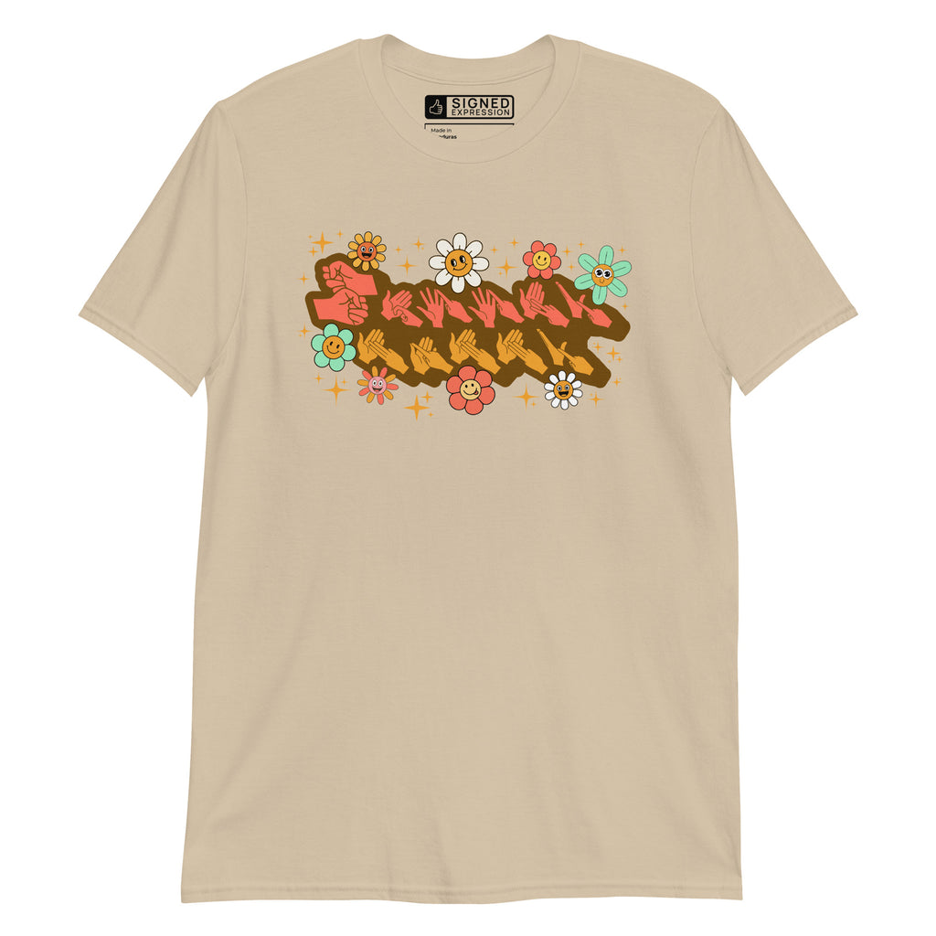 Sand coloured T-Shirt showing a Groovy Mammy BSL design